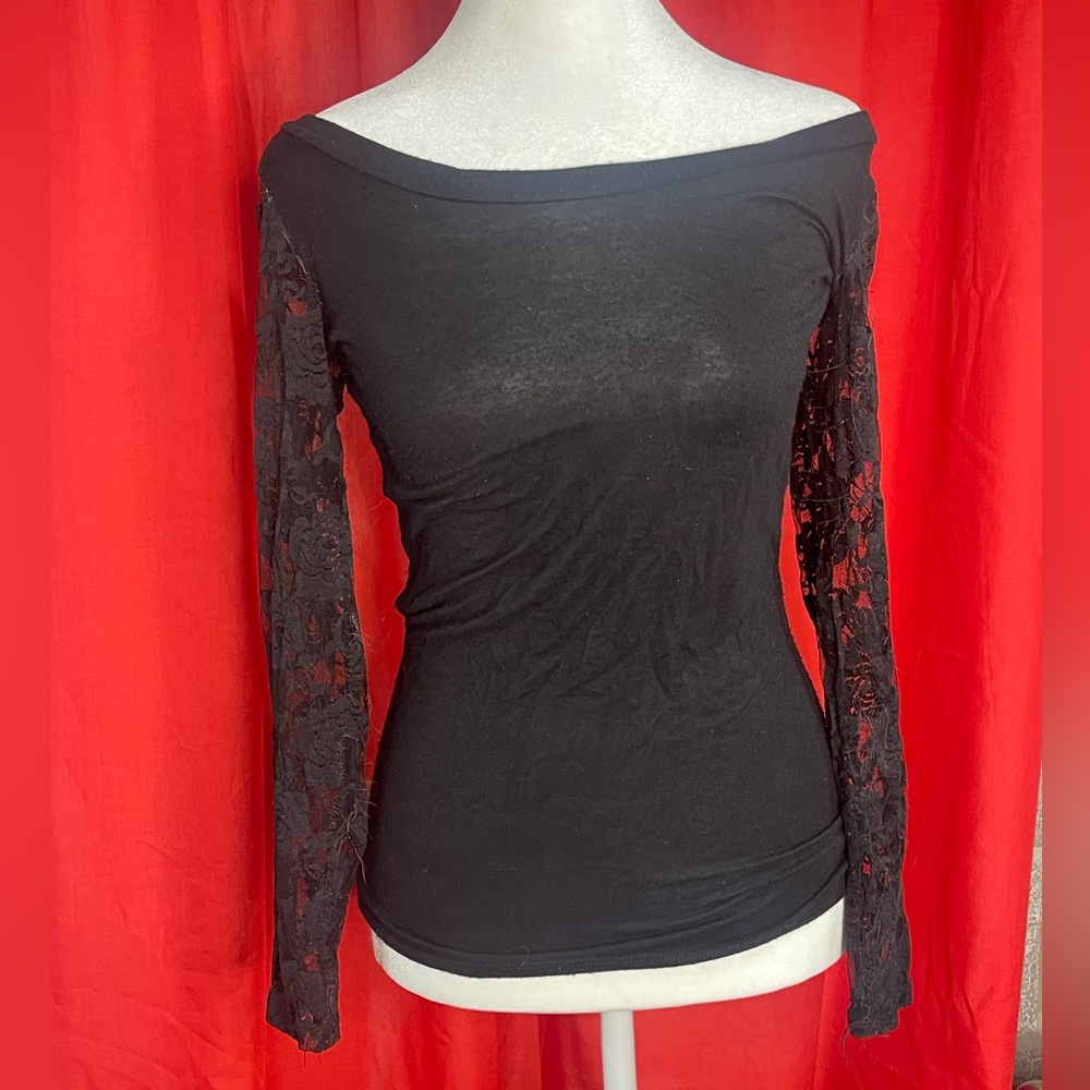Black LS dressy T full lace sleeves & back with solid black front size S